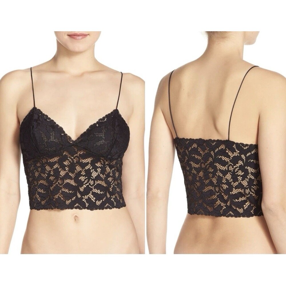 Free People M Brami Floral Lace Bralette Cami Crop Tank Top Black Scalloped Trim